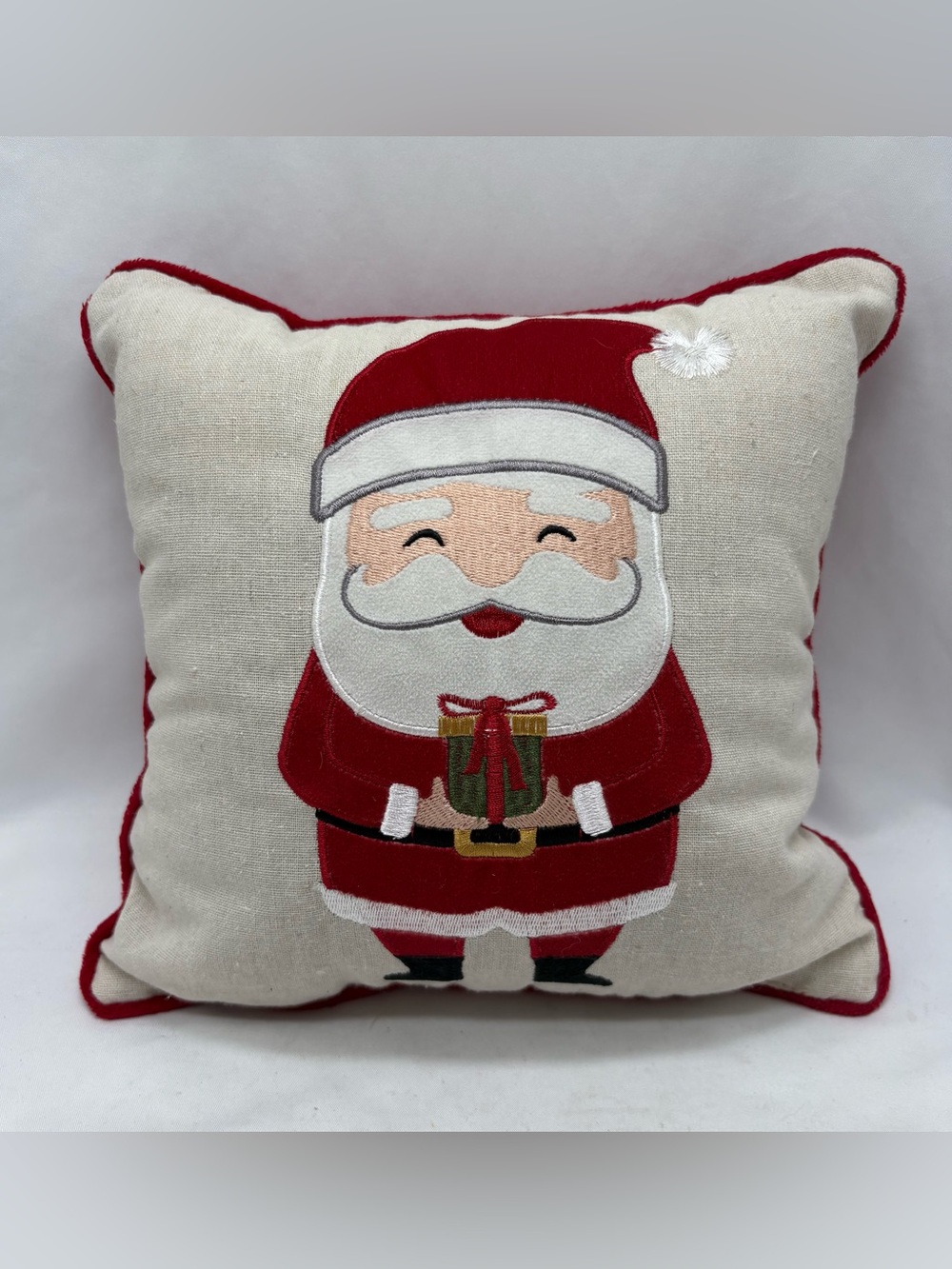 Christmas Pillow Santa Claus Embroidered Square Throw Pillow, Beige/Red 10X10